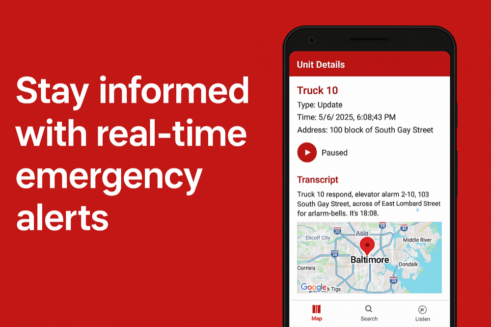Baltimore Fire Alerts app showing a live incident with units, transcript, and map